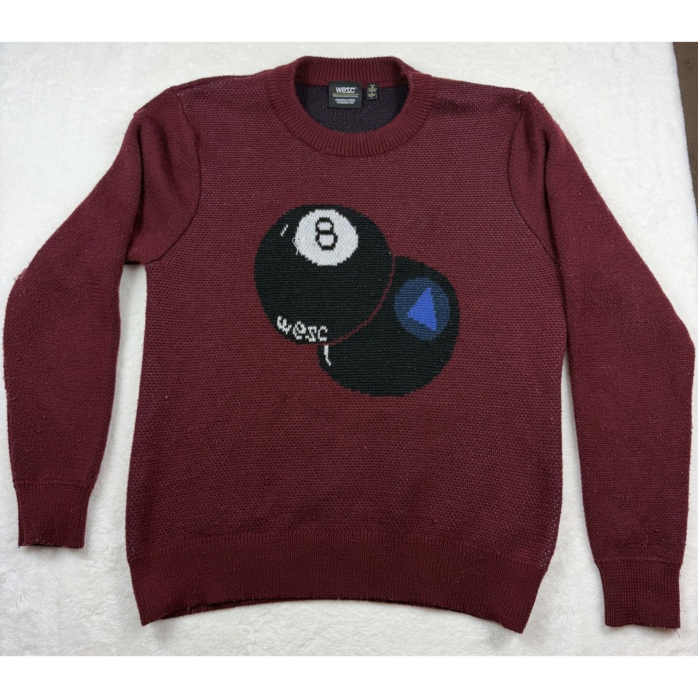 WeSC Burgundy 8 Ball Knit Sweater Mens Medium Womens Large Crewneck